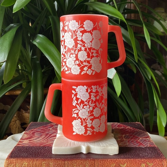 Pair of Vintage Federal Glass Calico Floral Mugs - 1950s USA Rare Tea Coffee Set - Picture 11 of 11